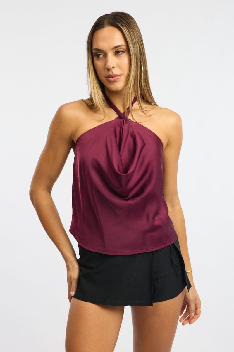Red Halter Top Cowl Neck Sleeveless Satin