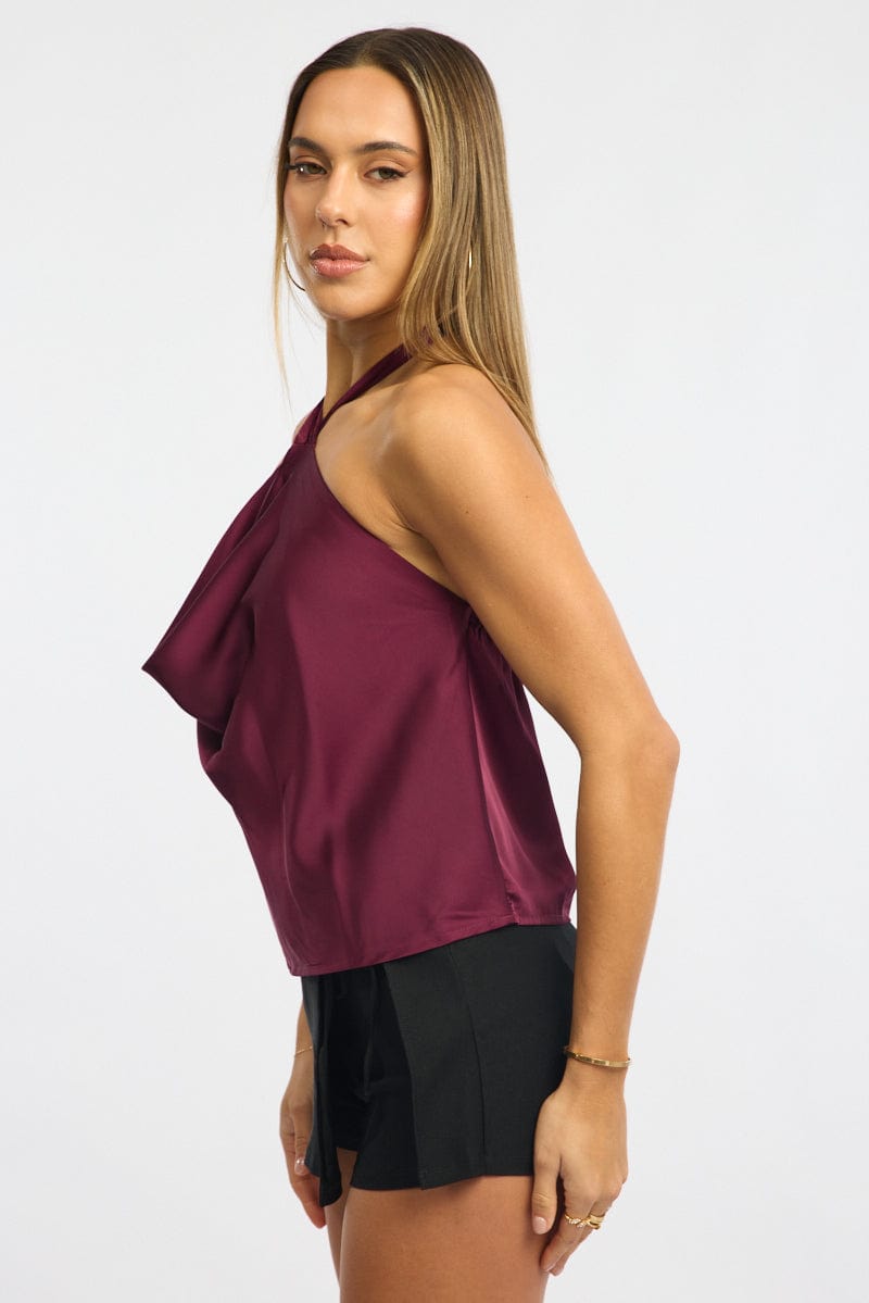 Red Halter Top Cowl Neck Sleeveless Satin