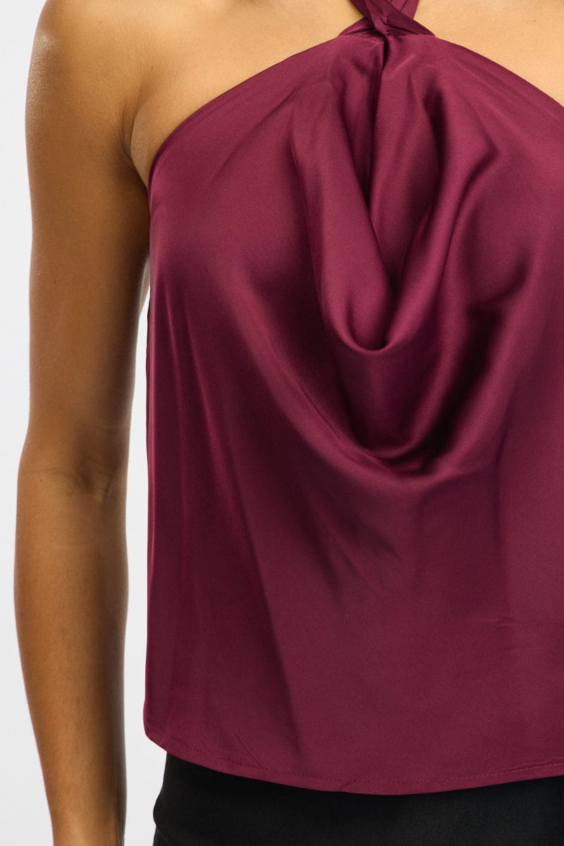 Red Halter Top Cowl Neck Sleeveless Satin