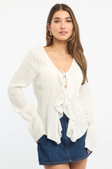 White Tie Front Top Long Sleeve Ruffled Textured