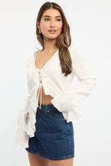 White Tie Front Top Long Sleeve Ruffled Textured