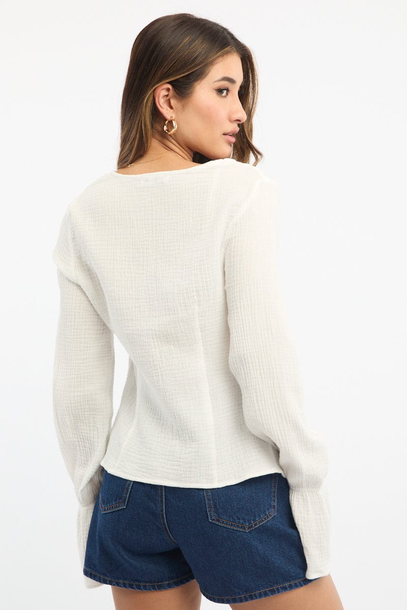 White Tie Front Top Long Sleeve Ruffled Textured