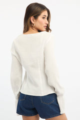 White Tie Front Top Long Sleeve Ruffled Textured