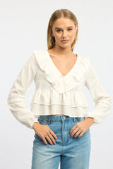 White Poet's Blouse Long Sleeve V-neck Ruffled Lace Tape