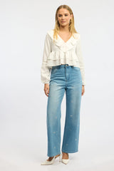White Poet's Blouse Long Sleeve V-neck Ruffled Lace Tape