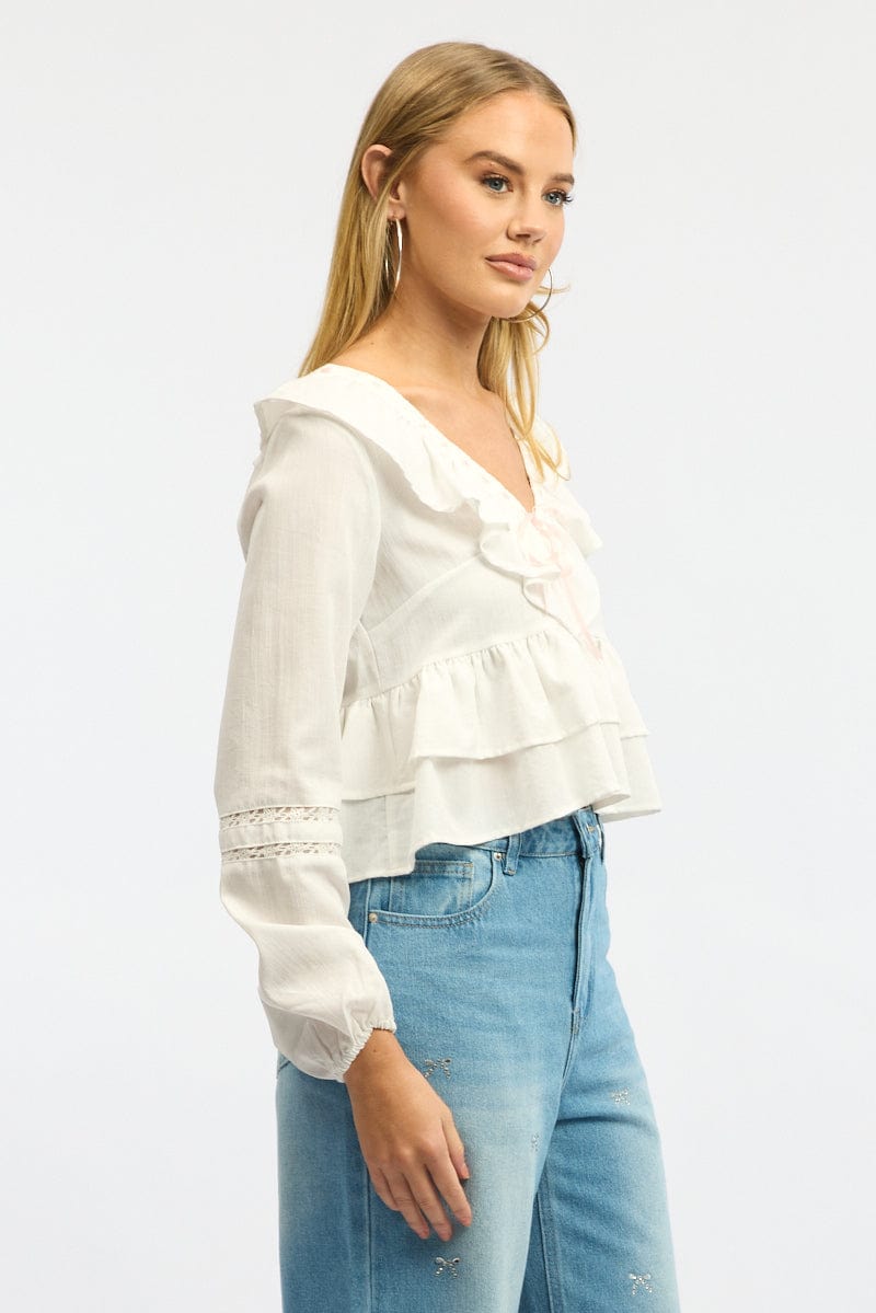 White Poet's Blouse Long Sleeve V-neck Ruffled Lace Tape