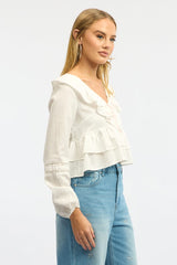 White Poet's Blouse Long Sleeve V-neck Ruffled Lace Tape