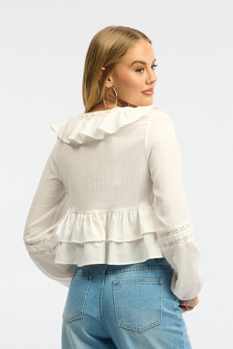 White Poet's Blouse Long Sleeve V-neck Ruffled Lace Tape