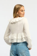 White Poet's Blouse Long Sleeve V-neck Ruffled Lace Tape