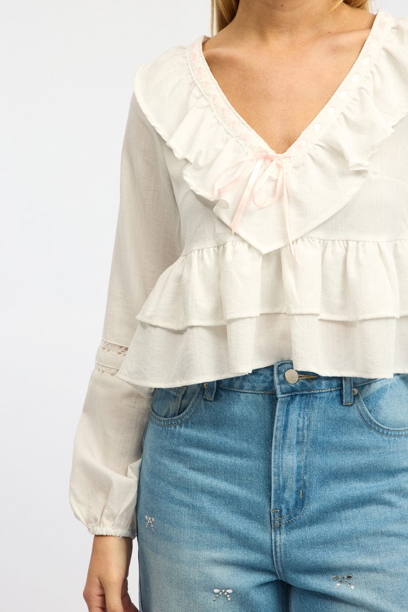 White Poet's Blouse Long Sleeve V-neck Ruffled Lace Tape