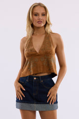 Beige Suede Top Halter Neck Sleeveless Studded Details