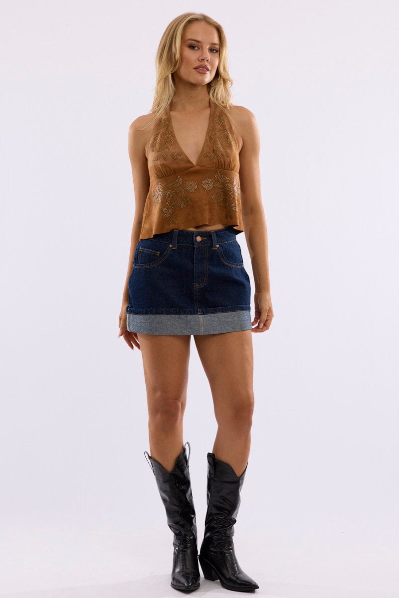 Beige Suede Top Halter Neck Sleeveless Studded Details