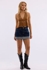 Beige Suede Top Halter Neck Sleeveless Studded Details