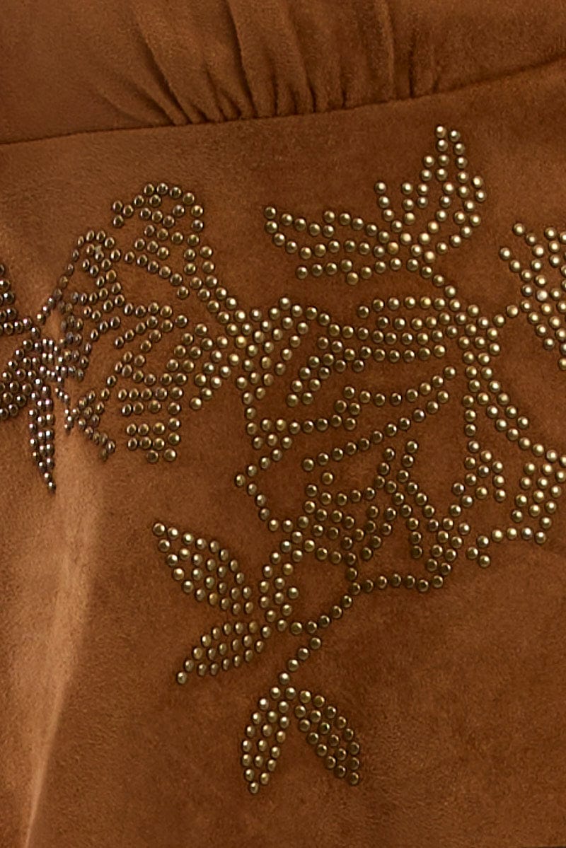 Beige Suede Top Halter Neck Sleeveless Studded Details