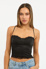 Black Cami Sleeveless Sweetheart Cropped Satin Jacquard