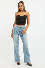 Black Cami Sleeveless Sweetheart Cropped Satin Jacquard