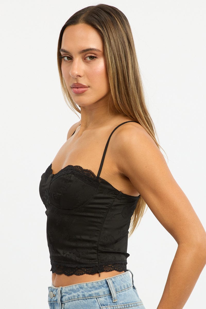 Black Cami Sleeveless Sweetheart Cropped Satin Jacquard