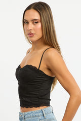 Black Cami Sleeveless Sweetheart Cropped Satin Jacquard