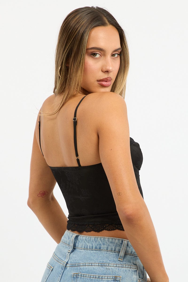 Black Cami Sleeveless Sweetheart Cropped Satin Jacquard