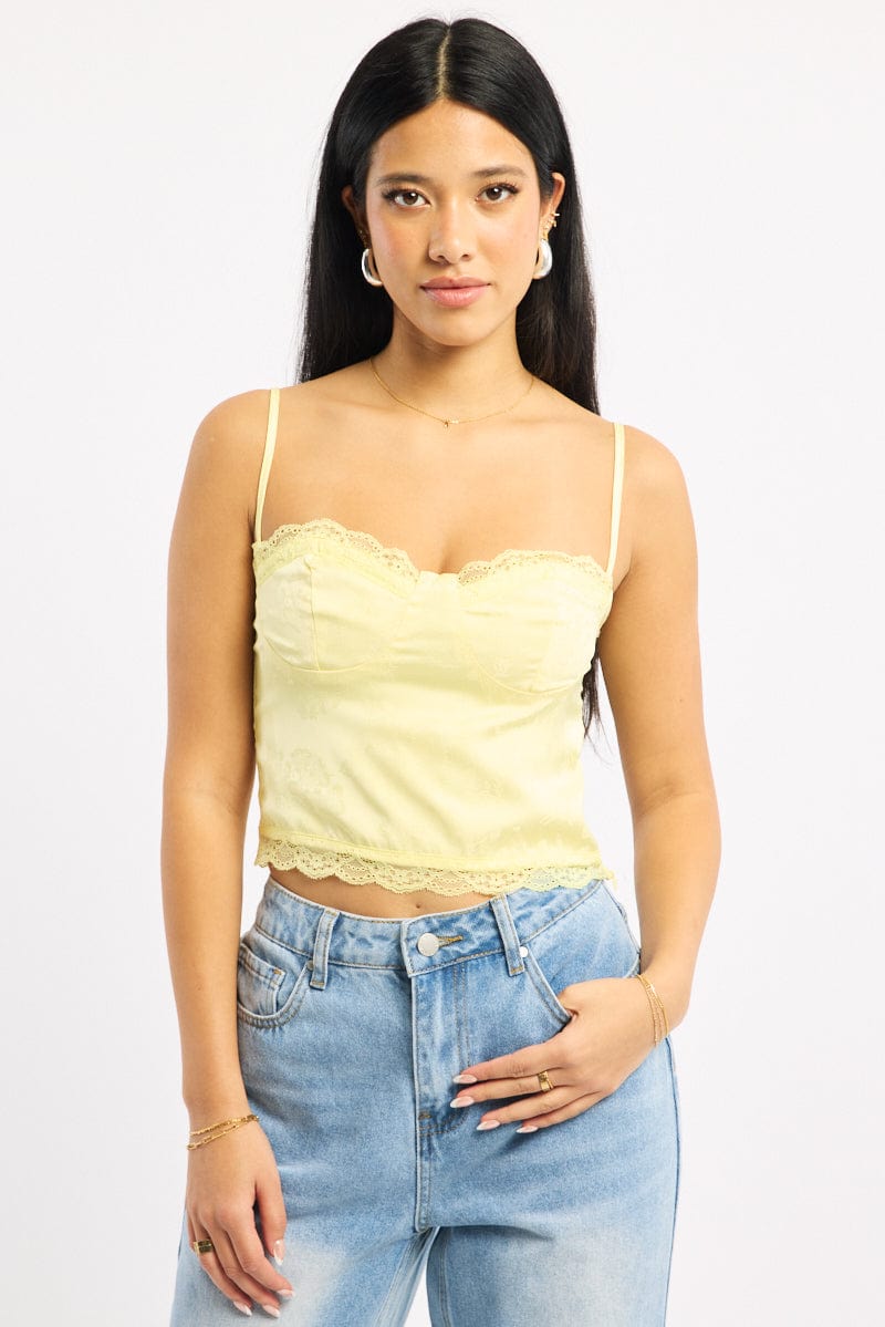 Yellow Cami Sleeveless Sweetheart Cropped Satin Jacquard