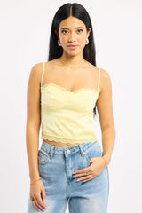 Yellow Cami Sleeveless Sweetheart Cropped Satin Jacquard