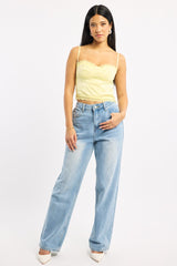 Yellow Cami Sleeveless Sweetheart Cropped Satin Jacquard