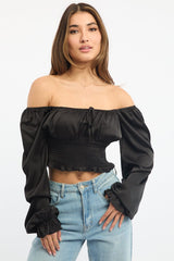 Black Shirred Top Long Sleeve Square Neck Satin