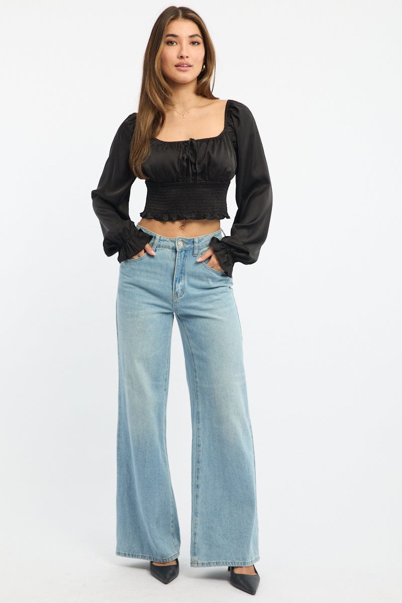 Black Shirred Top Long Sleeve Square Neck Satin