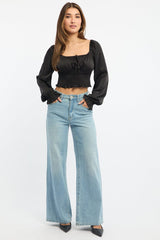 Black Shirred Top Long Sleeve Square Neck Satin