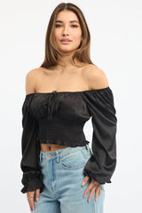 Black Shirred Top Long Sleeve Square Neck Satin