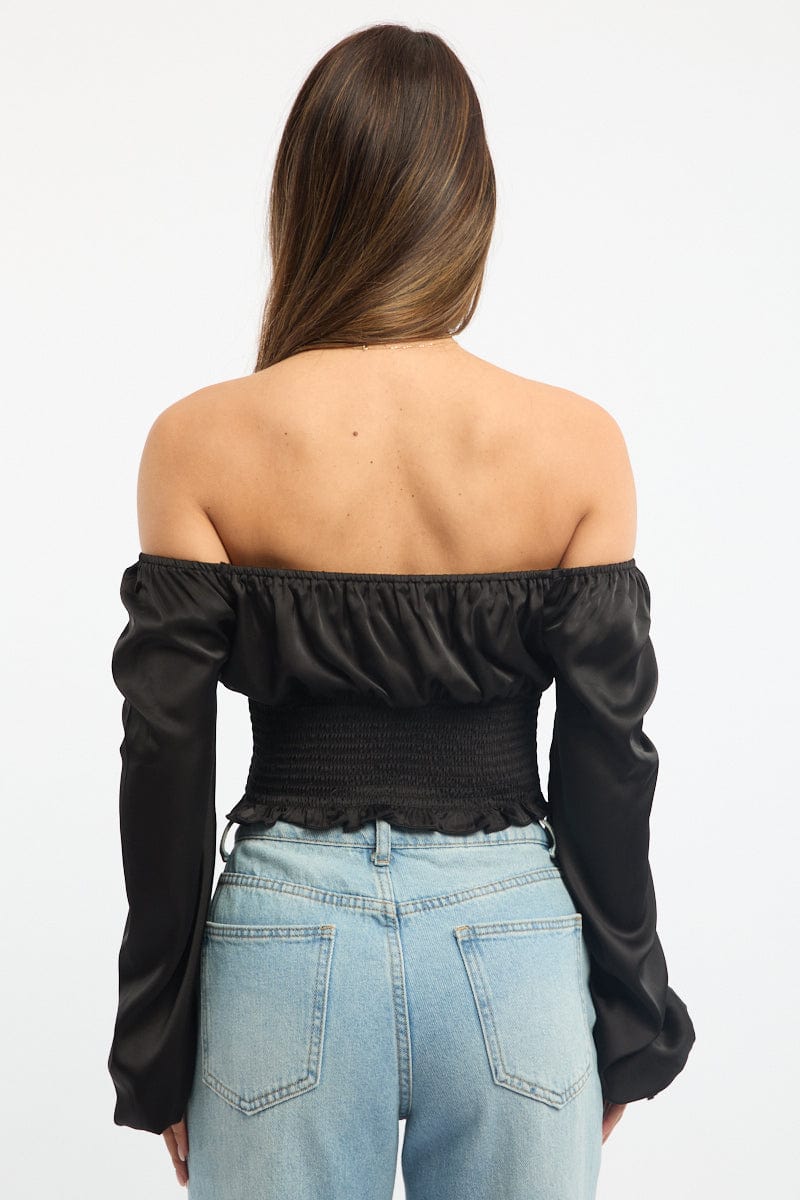 Black Shirred Top Long Sleeve Square Neck Satin