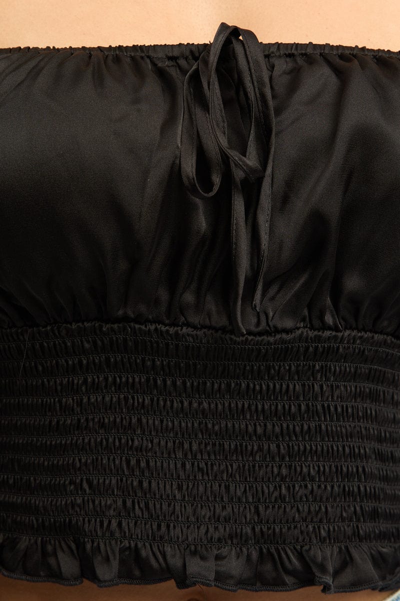 Black Shirred Top Long Sleeve Square Neck Satin