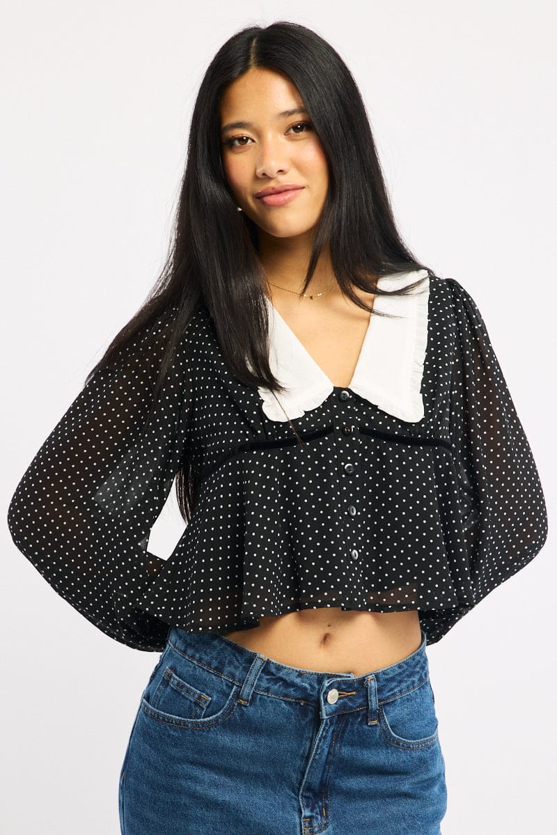 Black Polka Dot Collared Blouse Long Sleeve Button Up Babydoll Hem