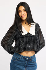 Black Polka Dot Collared Blouse Long Sleeve Button Up Babydoll Hem