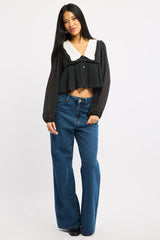 Black Polka Dot Collared Blouse Long Sleeve Button Up Babydoll Hem