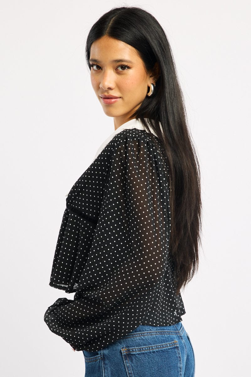 Black Polka Dot Collared Blouse Long Sleeve Button Up Babydoll Hem