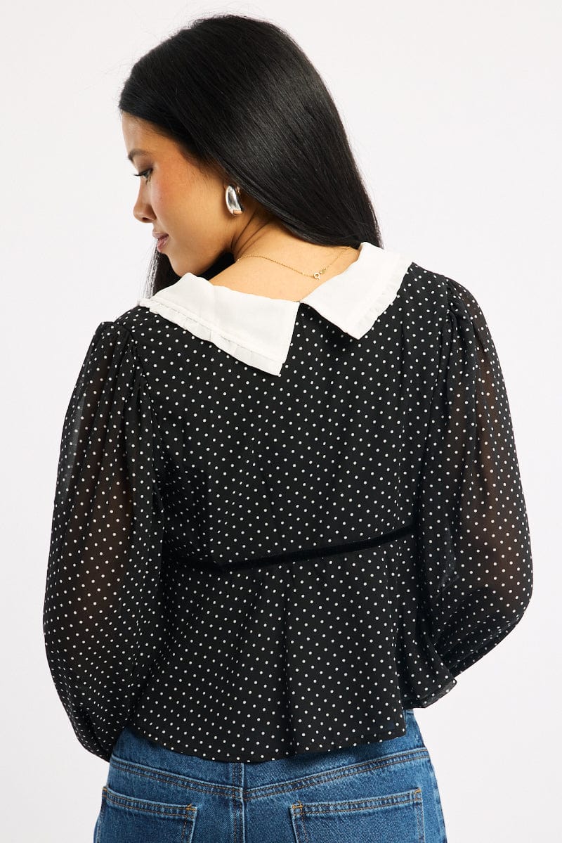 Black Polka Dot Collared Blouse Long Sleeve Button Up Babydoll Hem