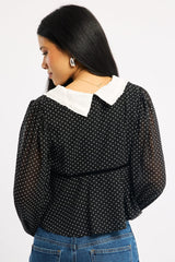 Black Polka Dot Collared Blouse Long Sleeve Button Up Babydoll Hem