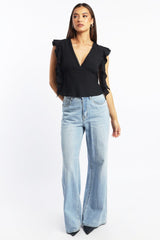 Black Frilled Top Sleeveless V-Neck Lace Trim