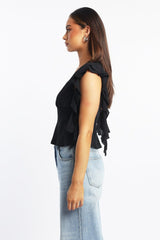 Black Frilled Top Sleeveless V-Neck Lace Trim
