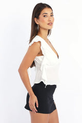 White Frilled Top Sleeveless V-neck Lave Trim
