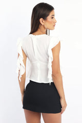 White Frilled Top Sleeveless V-neck Lave Trim